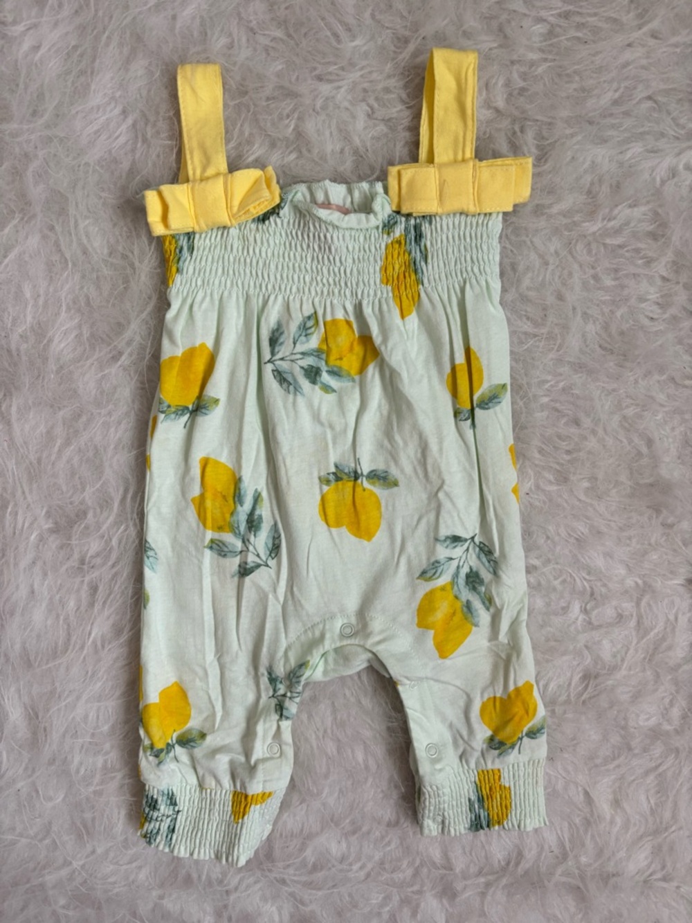 Baby Girl Summer Yellow Lemon Print Romper with Smocked Top & Bows
